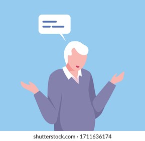 Puzzled Senior Man Shrugging his Shoulders, Man Communicating with Speech Bubble, Social Networking, Virtual Relationships Flat Vector Illustration
