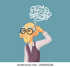 Puzzled Senior Man Vector Character Illustration. Elderly person trying to remember and solve simple everyday tasks
