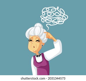 Puzzled Senior Woman Vector Character Illustration. Elderly person trying to remember and solve simple everyday tasks
