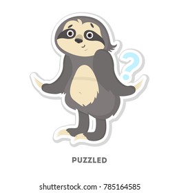 Puzzled sloth sticker. Isolated funny cartoon character.