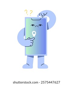 Puzzled smartphone character looks for location point on digital map. Thoughtful mobile phone navigates with GPS. Telephone mascot searches for destination. Flat isolated vector illustration on white