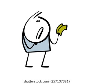 Puzzled stickman looks at the pair of bills in his hand in confusion. Vector illustration of  cartoon character has received a salary. Cash and financial literacy in teenagers.  Isolated boy on white.