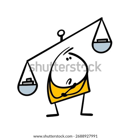 Puzzled stickman stands under an ancient scale and reflects on justice, the laws of physics. Vector illustration of the weight in the bowls outweighs. Uneven distribution of benefits.