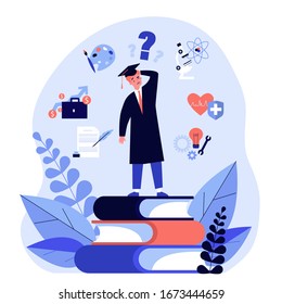 Puzzled student making choice about his future career path flat vector illustration. Young guy choosing college and needing guide from advisor. Education and university concept.