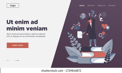 Puzzled student making choice about his future career path flat vector illustration. Young guy choosing college and needing guide from advisor. Education and university concept.