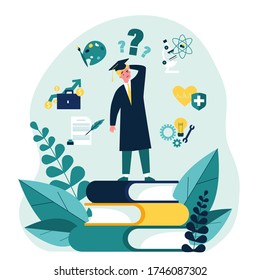 Puzzled student making choice about his future career path flat vector illustration. Young guy choosing college and needing guide from advisor. Education and university concept.