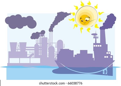 Puzzled sun looks on polluted earth colorful vector illustration