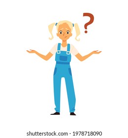 Puzzled teen girl standing throws up hands in bewilderment and confusion. Child has question and confusion, flat vector illustration isolated on background.