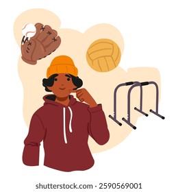 Puzzled teenage boy child character thinking making decision choosing between baseball, volleyball, parkour sport aerobics training activity vector illustration. Children active lifestyle choice