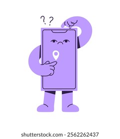 Puzzled telephone character looks for destination on digital map. Smartphone mascot searches location in GPS app. Pensive mobile phone navigates. Flat isolated vector illustration on white background