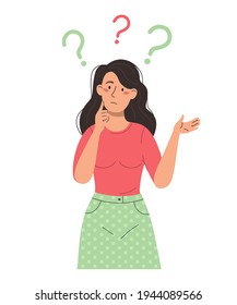 Una chica desconcertada y pensante con signos de interrogación. Persona. Carácter vectorial en un fondo blanco.