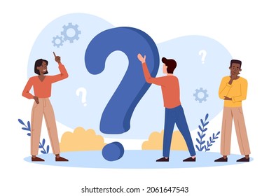 Puzzled tiny business. Employees working to solve problem. Brainstorming, searching for idea. Optimal solution, teamwork, office. Cartoon flat vector illustration isolated on white background