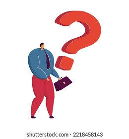 Verwirrte kleine Geschäftsleute, die nach einer Lösung suchen, die ein großes Fragezeichen trägt und um Hilfe bitten. Vektorgrafik für Kundendienst, Kommunikation, Problemlösungskonzept