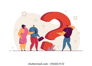 Puzzled tiny business people searching for solution by huge question mark, asking for help concept. Vector illustration for customer assistance service, communication, problem solving concept