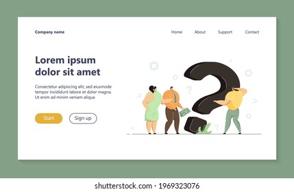 Puzzled tiny business people searching solution at huge question mark, asking for help. Vector illustration for customer assistance service, communication, problem solving concept