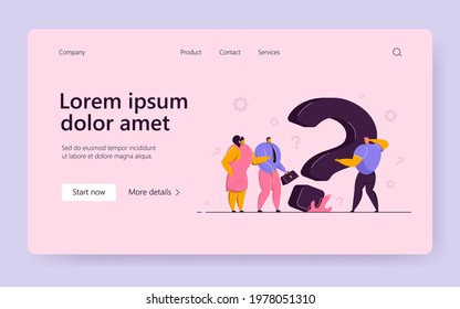 Puzzled tiny business people searching solution at huge question mark, asking for help. Vector illustration for customer assistance service, communication, problem solving concept