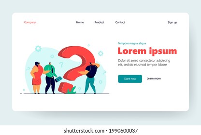 Pequeños empresarios desconcertados buscando soluciones en un gran interrogante, pidiendo ayuda. Ilustración de vectores para el servicio de asistencia al cliente, comunicación, concepto de resolución de problemas
