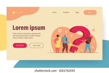 Puzzled tiny business people searching solution at huge question mark, asking for help. Vector illustration for customer assistance service, communication, problem solving concept