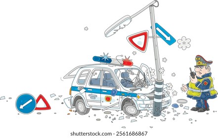 Puzzled traffic policeman and road accident with a police patrol car that crashed into a signpost, vector cartoon illustration isolated on a white background