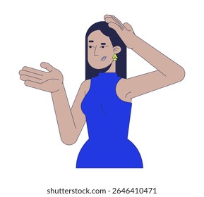 Mulher turca intrigada raciocinando com gestos de mão personagem de desenho animado 2D. Mulher árabe com rosto incerto expressando mal-entendido vetor pessoa plana isolado no branco. Ilustração especial colorida