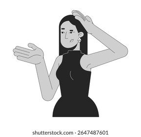 Mulher turca intrigada raciocinando com gestos de mão personagem de linha 2D. Mulher árabe com rosto incerto expressando mal-entendido isolado vetor tinta contorna pessoa. Ilustração de ponto monocromático