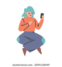 Puzzled Woman Character with Crossed Legs Sitting with Smartphone Asking Question in the Internet Vector Illustration