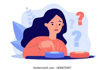 Puzzled woman choosing between two buttons and pushing blue one. Vector illustration for difficult choice, dilemma, opportunities, decision making concept