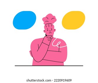 Puzzled woman doubting, deciding, setting priorities. Make choice, decision concept. Colorful vector illustration
