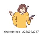 Puzzled woman holding phone and reading unpleasant messages from bank makes wave of hand. Bewildered girl reading fake news in smartphone and nervous about false information. Flat vector illustration