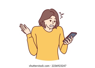 Puzzled woman holding phone and reading unpleasant messages from bank makes wave of hand. Bewildered girl reading fake news in smartphone and nervous about false information. Flat vector illustration