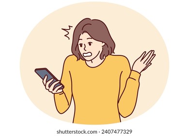 Puzzled woman holding phone and reading unpleasant messages from bank makes wave of hand. Bewildered girl reading fake news in smartphone and nervous about false information. Flat vector illustration