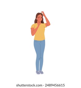 Puzzled woman holds her hand over her head, thinking. Flat style cartoon vector illustration. 
