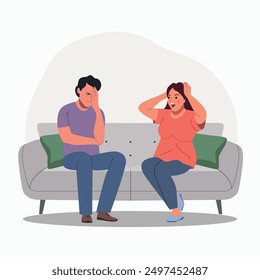 Puzzled woman and man holds their hands over their heads, thinking on the sofa. Flat style cartoon vector illustration. 