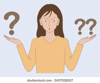 Puzzled woman spreading hands, shrugging shoulders, comparing to two things, having questions . Hand drawn flat cartoon character vector illustration.