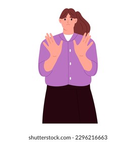 Puzzled woman stretches out hands showing palms calls to stop. Flat vector illustration isolated on white background

