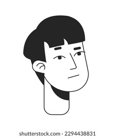Puzzled young man with bowl haircut flat line monochromatic vector character head. Looking sideways. Editable outline avatar icon. 2D cartoon line spot illustration for web graphic design, animation