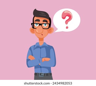
Puzzled Young Man Having Questions Vector Cartoon Character. Pensive guy feeling doubtful and uncertain
