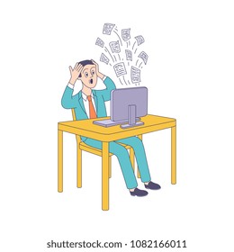 Puzzled young man sitting at table holding head behind desktop computer with messages flying out. Modern digital technology people information overload concept. Vector sketch illustration