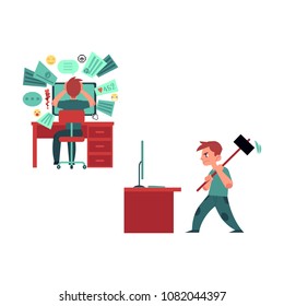 Puzzled young man, teenager sitting at workplace at desktop computer with various application icon holding head, angry man breaking monitor with hummer. Information overload vector concept.