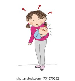 Puzzled young mother holding her crying baby boy. What to do? Why it is crying? Original hand drawn illustration.