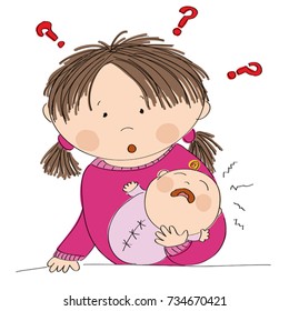 Puzzled young mother holding her crying baby girl. What to do? Why it is crying? Original hand drawn illustration.