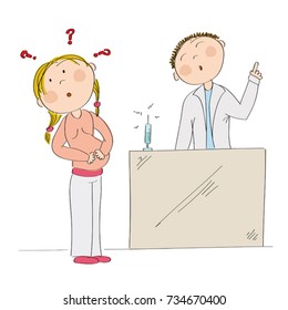 Puzzled young pregnant woman thinking about vaccination in pregnancy. Doctor standing behind and arguing her into immunization. Original hand drawn illustration.