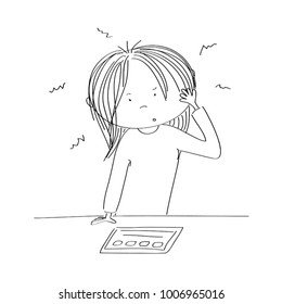 Puzzled young woman standing behind the desk, looking at the tablet, wondering what to do - original hand drawn illustration