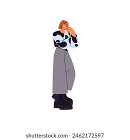 Puzzled young woman stands, thinks about unhappy thoughts. Pensive girl worries about question, doubts in decisions. thoughtful person ponders. Flat isolated vector illustration on white background