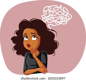 Puzzled Young Woman Thinking Vector Cartoon Illustration. Female student trying to rationalize and solve a logic problem
