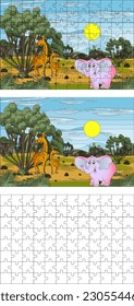 Puzzles. African landscape with giraffes and pink elephant for kids. Cartoon. 96 pcs