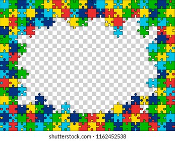 Puzzles background with free field for text. Concept of unfinished job or unsolved task. Colored vector illustration. Elements of puzzle assembled in frame without middle part.  Abstract background.