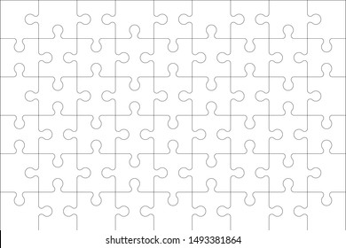 Puzzles blank template with linked rectangle grid. Jigsaw puzzle 9x6 size with 54 pieces. Mosaic background for thinking game with join details. Vector illustration.