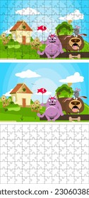 Puzzles for children. A cat, a dog and a mouse are sitting on a log in the village. Cartoon. 96 pcs.