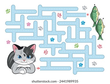 Puzzles for children. Labyrinth vector. Cat cartoon